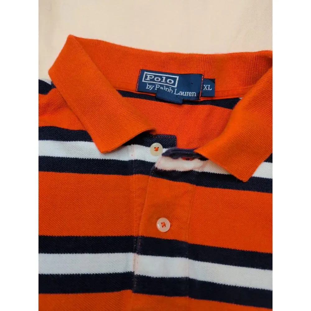 Polo Ralph Lauren Shirt Mens XL Orange Navy White Striped Short Sleeve Pony Logo